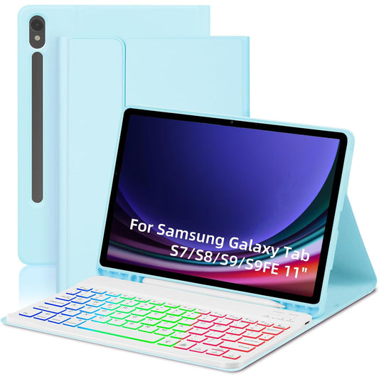 SD-X710 For Samsung Galaxy Tab S7 / S8 / S9 / S9 FE 11 inch PU Tablet Case Backlit Bluetooth Keyboard - Baby Blue
