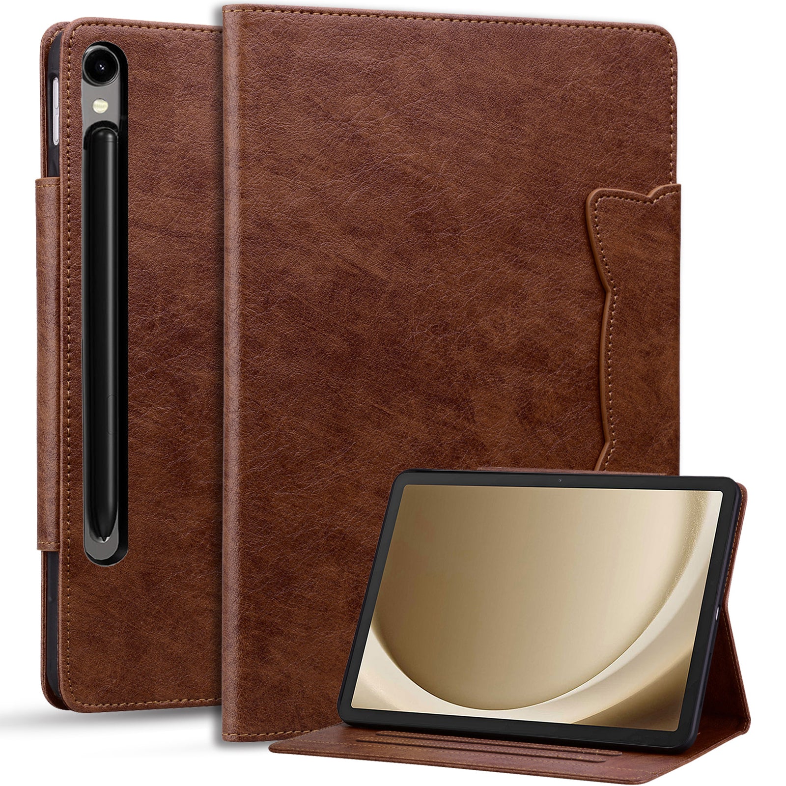 For Samsung Galaxy Tab S9 / Tab S9 FE / Tab S8 / Tab S7 Case Leather Tablet Cover with Card Pocket - Brown
