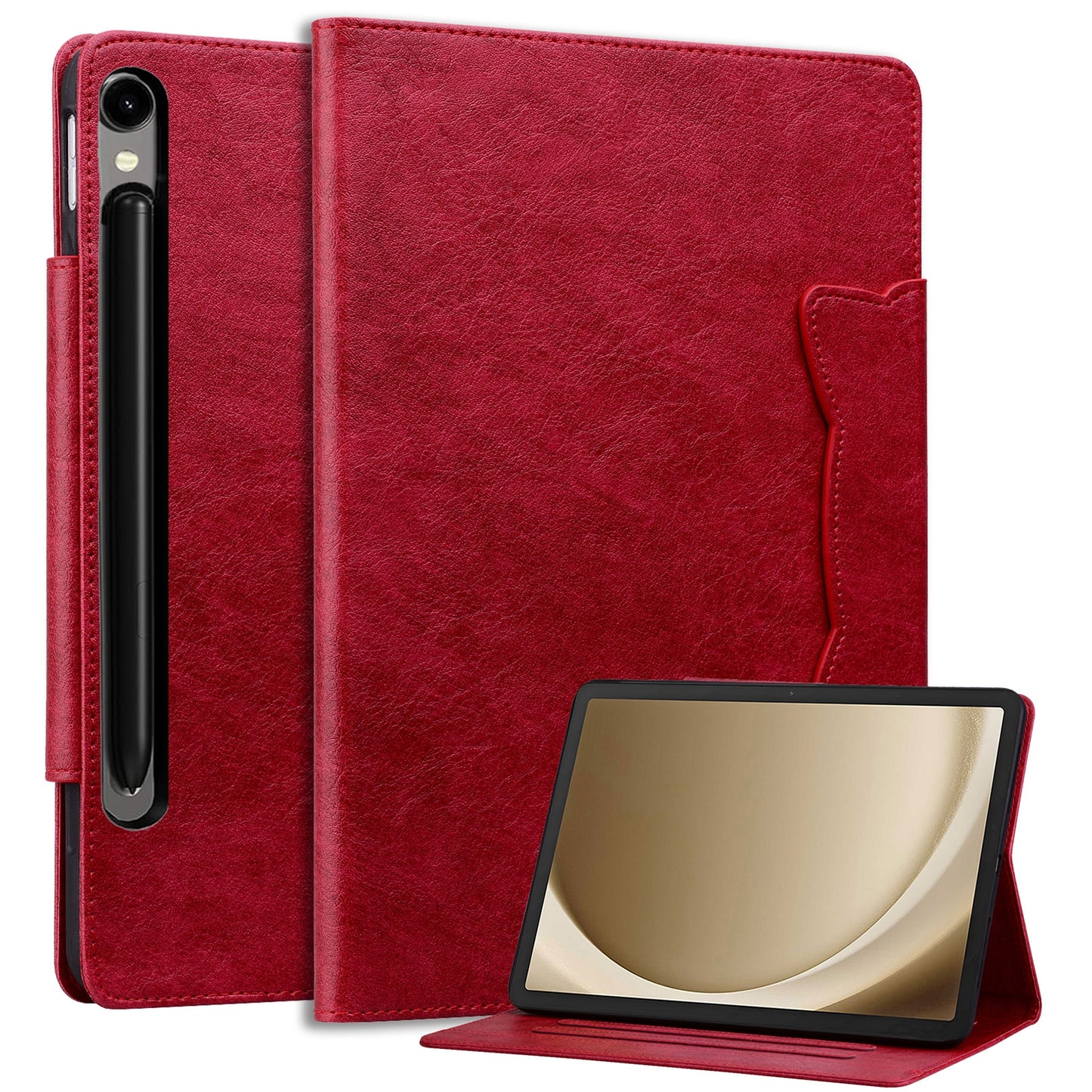For Samsung Galaxy Tab S9 / Tab S9 FE / Tab S8 / Tab S7 Case Leather Tablet Cover with Card Pocket - Red