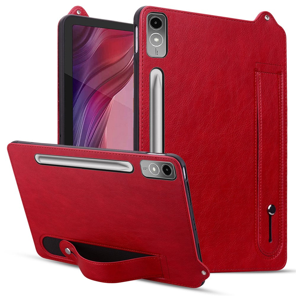 For Lenovo Tab P12 Case Hand Strap Kickstand Leather Tablet Cover - Red