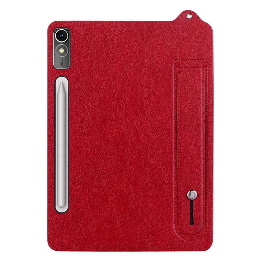 For Lenovo Tab P12 Case Hand Strap Kickstand Leather Tablet Cover - Red