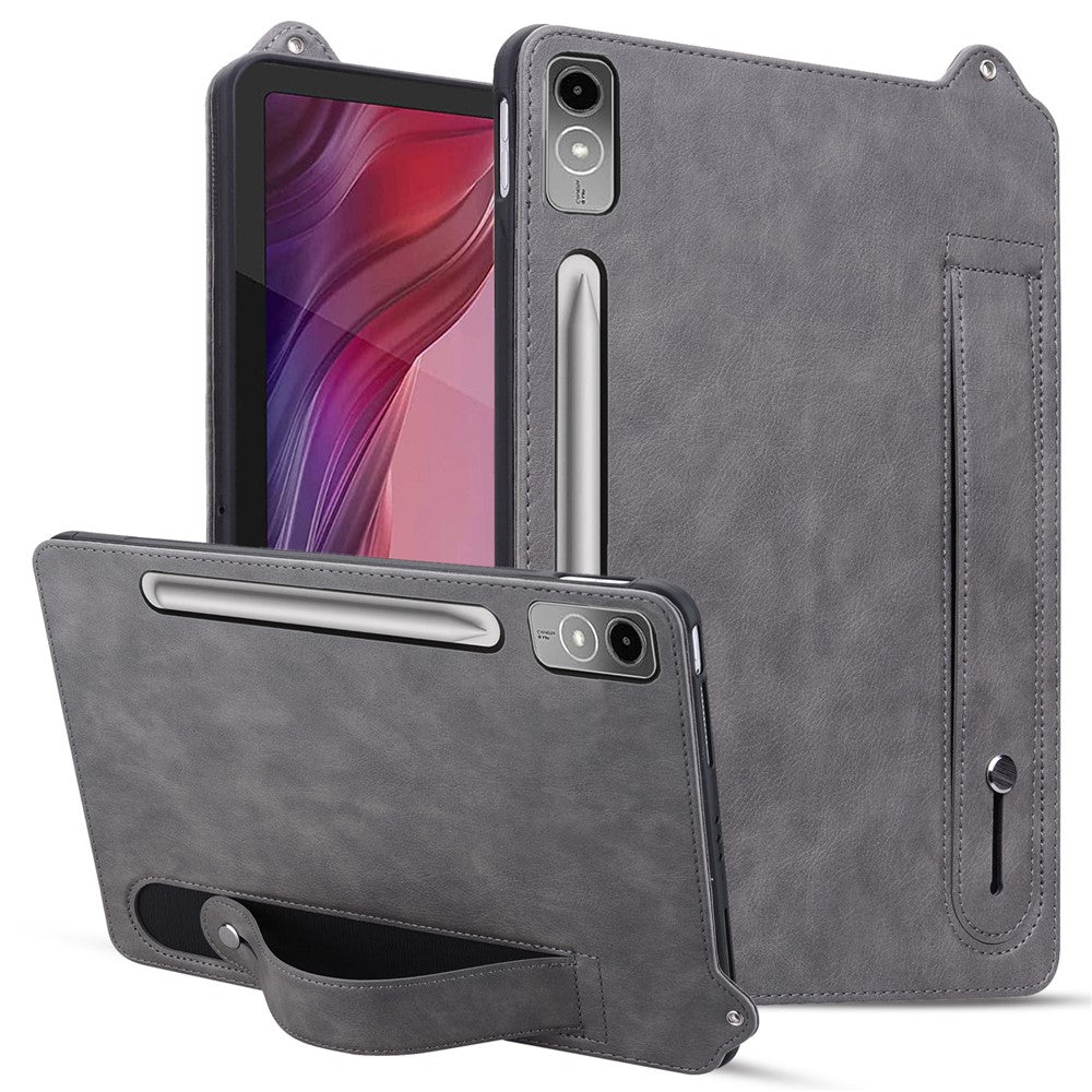 For Lenovo Tab P12 Case Hand Strap Kickstand Leather Tablet Cover - Grey