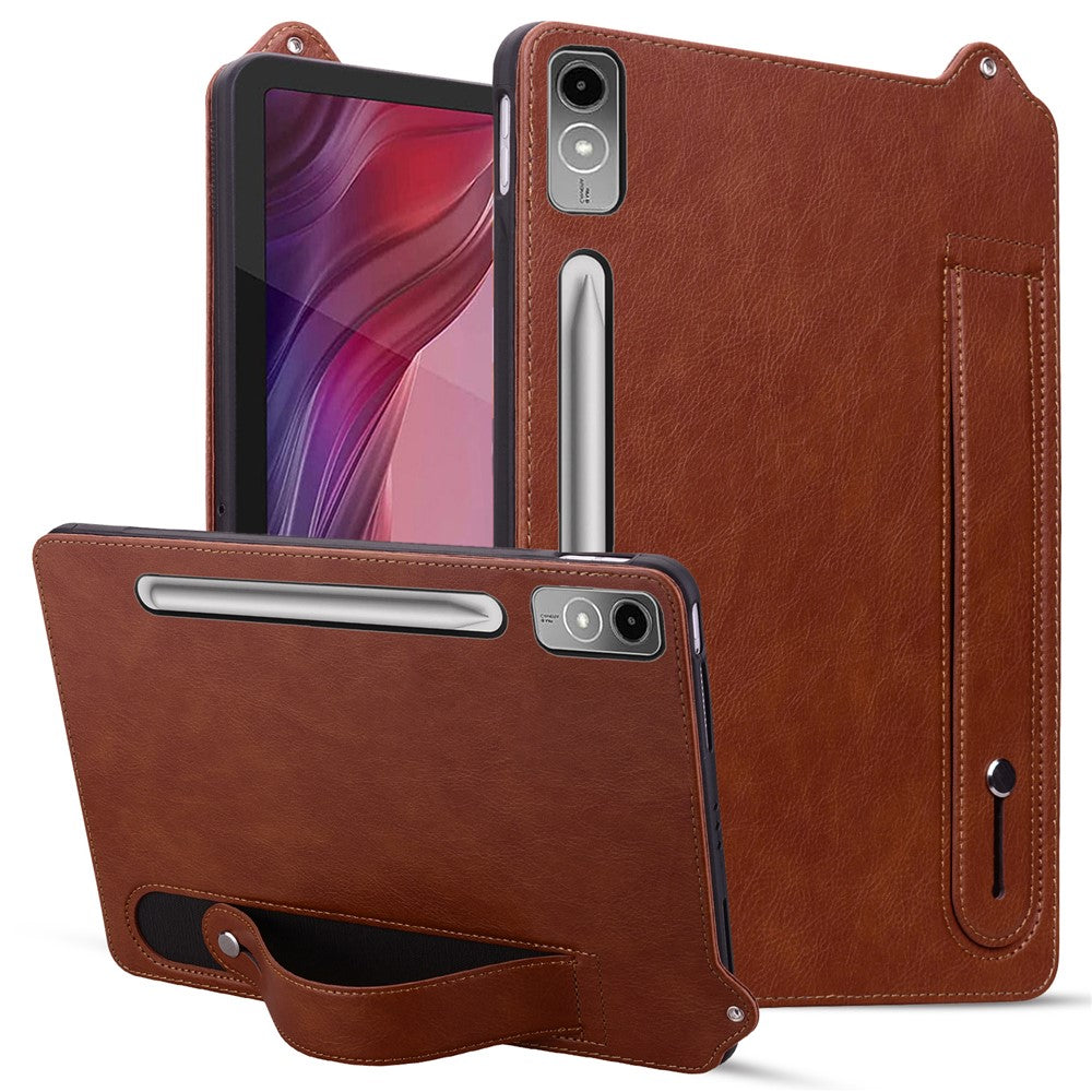 For Lenovo Tab P12 Case Hand Strap Kickstand Leather Tablet Cover - Brown