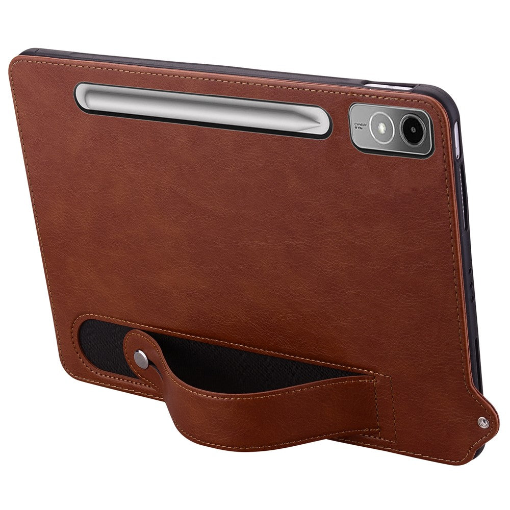 For Lenovo Tab P12 Case Hand Strap Kickstand Leather Tablet Cover - Brown