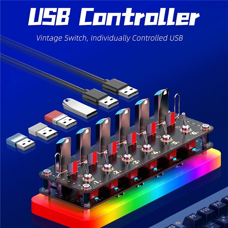AODUKE Cyberpunk 6 Port USB 2.0 Hub Voice Control Independent Switches USB Expander SD TF Card Storage Rack with RGB Light