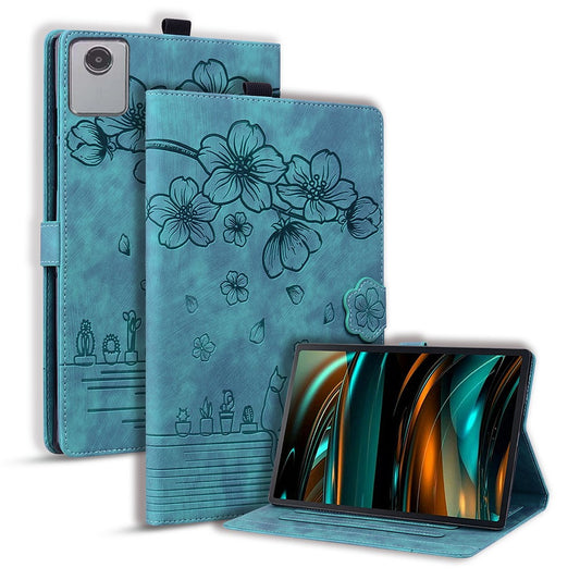 For Lenovo Xiaoxin Pad 11 2025 / Tab K11 Gen 2 TB336 / Tab M11 Case Card Slots Leather Tablet Stand Folio Cover Flower Cat - Green
