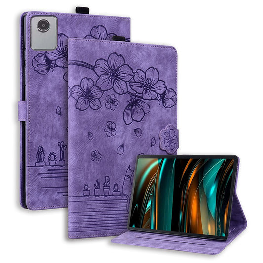 For Lenovo Xiaoxin Pad 11 2025 / Tab K11 Gen 2 TB336 / Tab M11 Case Card Slots Leather Tablet Stand Folio Cover Flower Cat - Purple