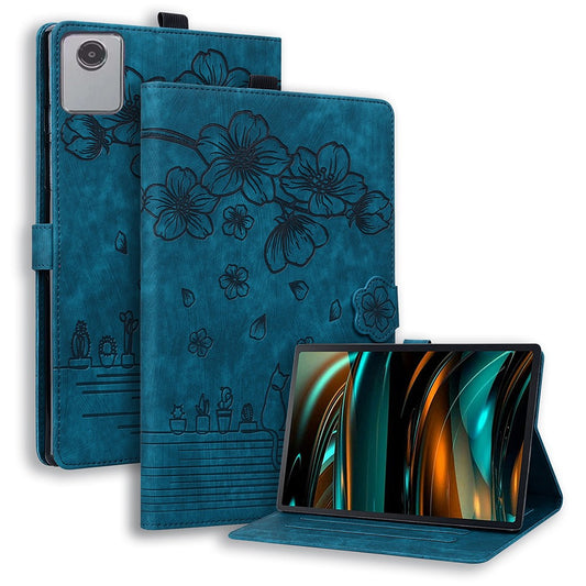 For Lenovo Xiaoxin Pad 11 2025 / Tab K11 Gen 2 TB336 / Tab M11 Case Card Slots Leather Tablet Stand Folio Cover Flower Cat - Blue