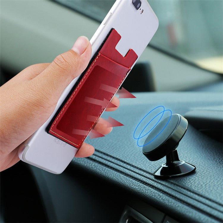MRC02 PU Leather Sticky Single Card Holder Magnetic Car Mount Phone Card Case - Black