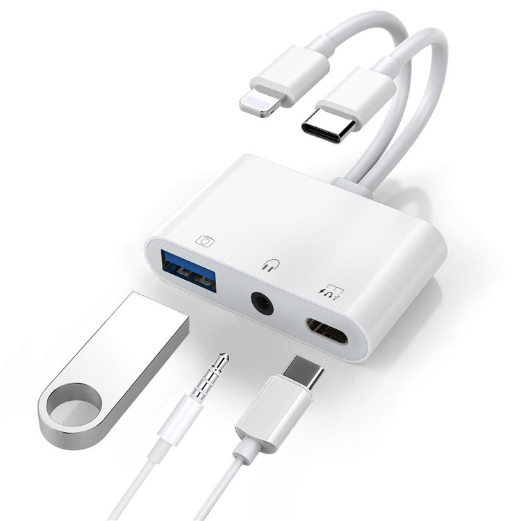 NK-109pro USB-C / 8-Pin Dual Cable to 3.5mm Audio + USB + USB-C Camera Adapter OTG Converter