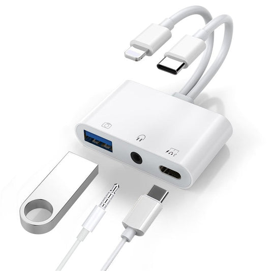 NK-109pro USB-C / 8-Pin Dual Cable to 3.5mm Audio + USB + USB-C Camera Adapter OTG Converter