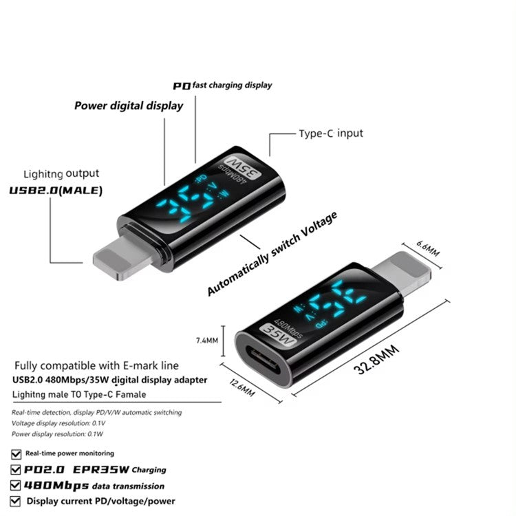 Lightning Male to USB-C Female Adapter 35W Fast Charging Converter 480Mbps Data Transfer
