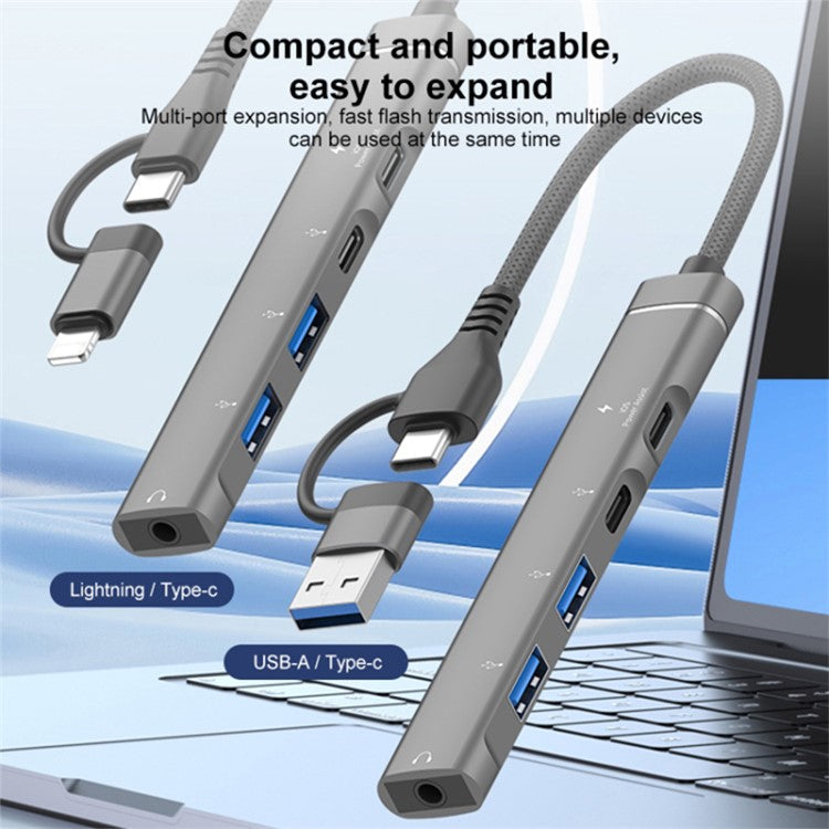 Type-C / 8-Pin 5-in-1 USB Hub Type-C Charging + Type-C Data + 2xUSB + 3.5mm Headphone Jack Adapter - Silver