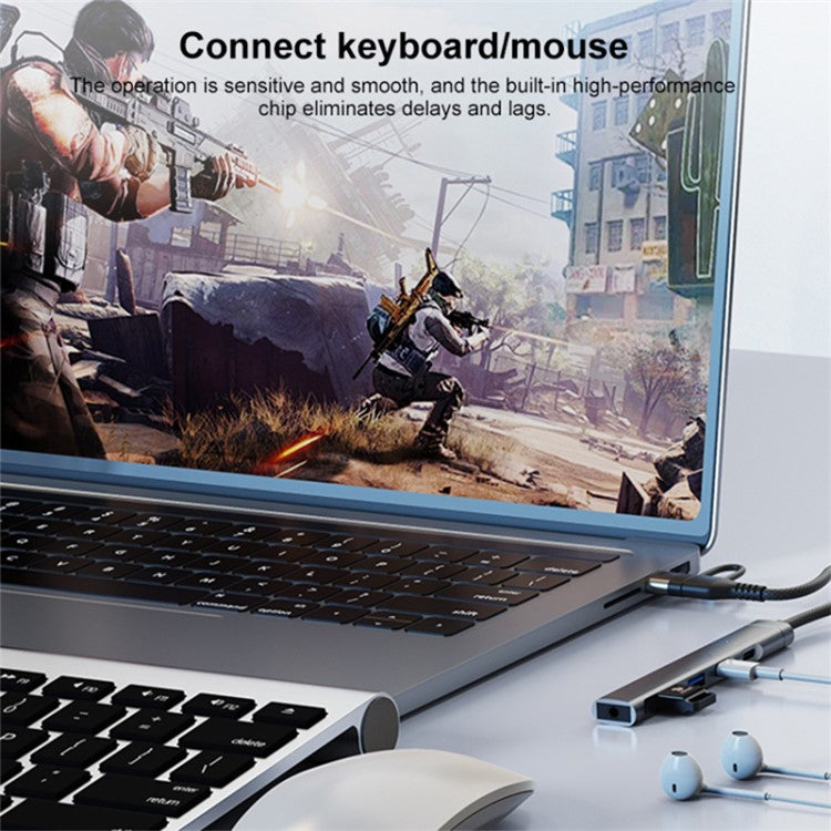 Type-C / USB-A 5-in-1 USB Hub Type-C Charging + Type-C Data + 2xUSB + 3.5mm Headset Jack Adapter - Grey