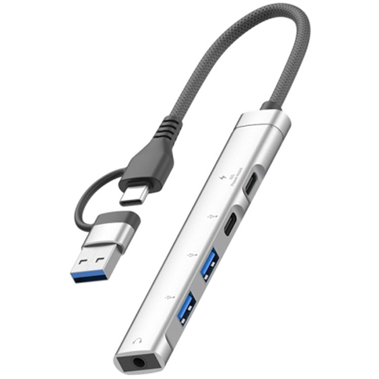 Type-C / USB-A 5-in-1 USB Hub Type-C Charging + Type-C Data + 2xUSB + 3.5mm Headset Jack Adapter - Silver