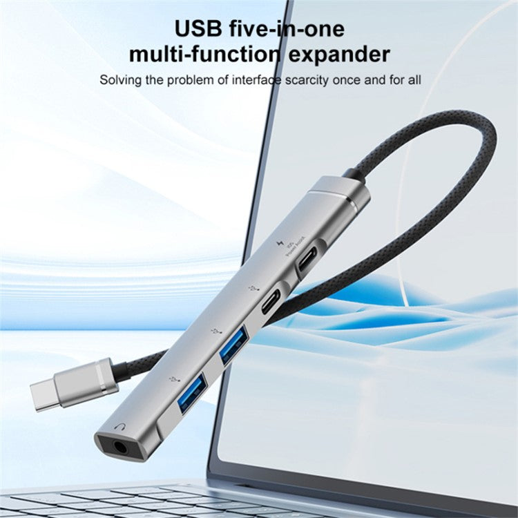 5-in-1 USB Hub Type-C to Type-C Charging + Type-C Data + 2 X USB2.0 + 3.5mm Headphone Jack Adapter - Silver