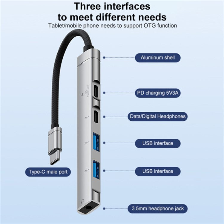 5-in-1 USB Hub Type-C to Type-C Charging + Type-C Data + 2 X USB2.0 + 3.5mm Headphone Jack Adapter - Silver