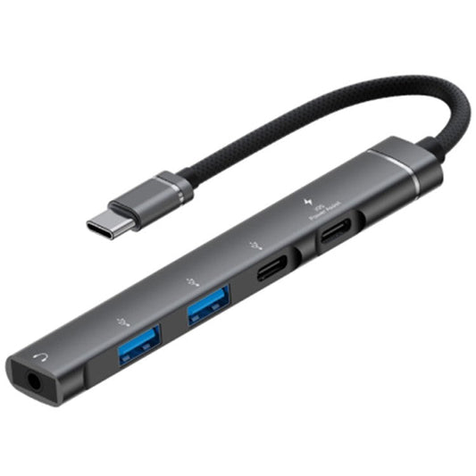 5-in-1 USB Hub Type-C to Type-C Charging + Type-C Data + 2 x USB2.0 + 3.5mm Headphone Jack Adapter - Grey