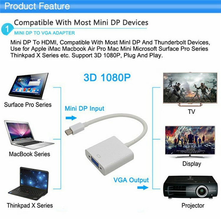 MINDPURE AD006 1080P / 60Hz Mini DP Male to VGA Female Adapter Cable for MacBook PC