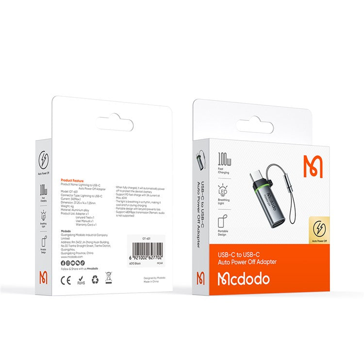 MCDODO OT-2450 USB-C to USB-C 100W Auto Power Off Adapter Data Transmission