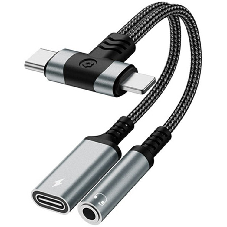 8 Pin / Type-C to Type-C + 3.5mm Audio Converter Nylon Braided Cable Support 10W Fast Charging - Grey