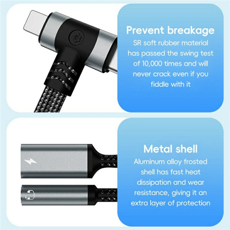 8 Pin / Type-C to Type-C + 3.5mm Audio Converter Nylon Braided Cable Support 10W Fast Charging - Grey