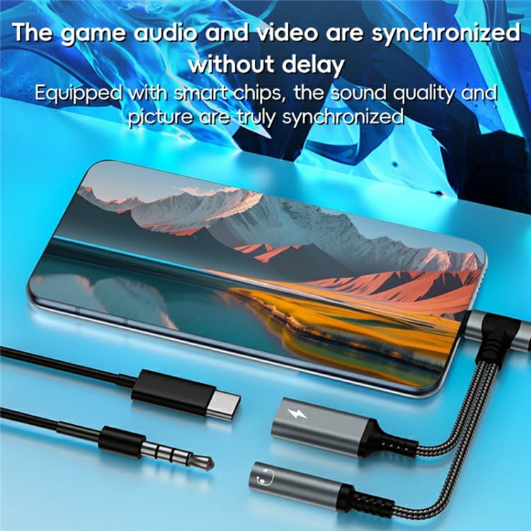 8 Pin / Type-C to Type-C + 3.5mm Audio Converter Nylon Braided Cable Support 10W Fast Charging - Grey