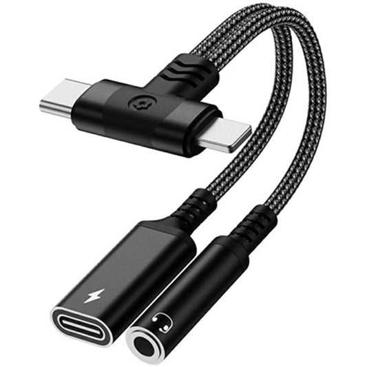 8 Pin / Type-C to Type-C + 3.5mm Audio Converter Nylon Braided Cable Support 10W Fast Charging - Black