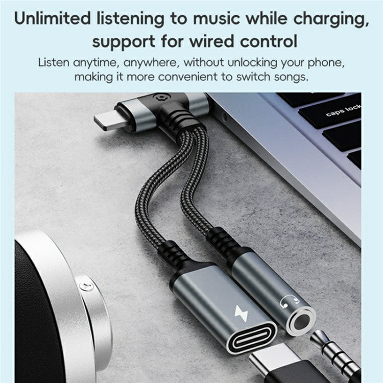 8 Pin / Type-C to Type-C + 3.5mm Audio Converter Nylon Braided Cable Support 10W Fast Charging - Black