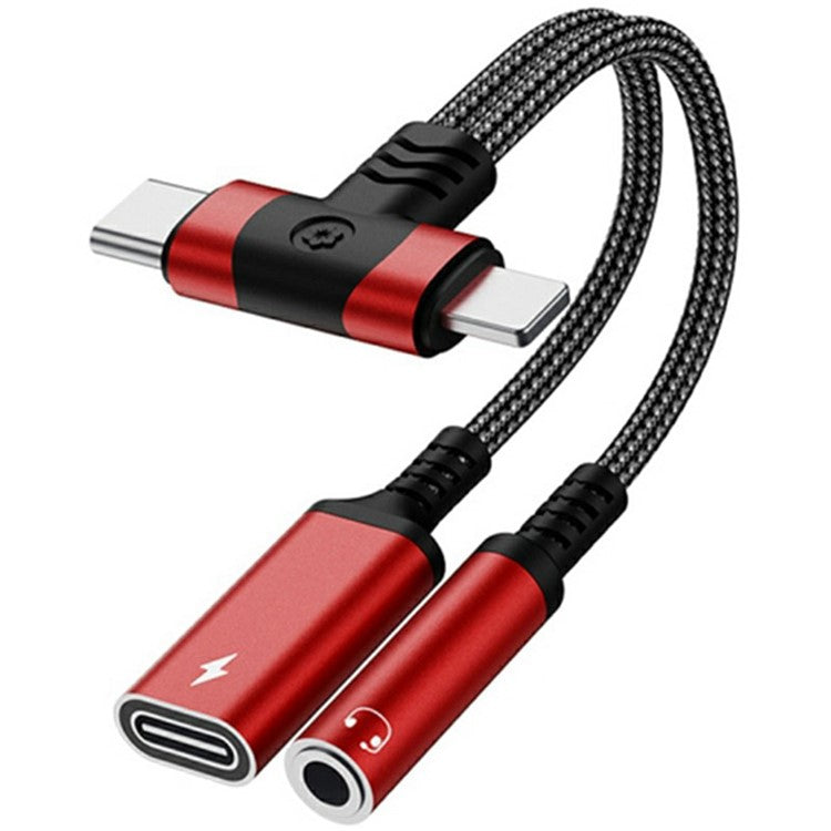 8 Pin / Type-C to Type-C + 3.5mm Audio Converter Nylon Braided Cable Support 10W Fast Charging - Red