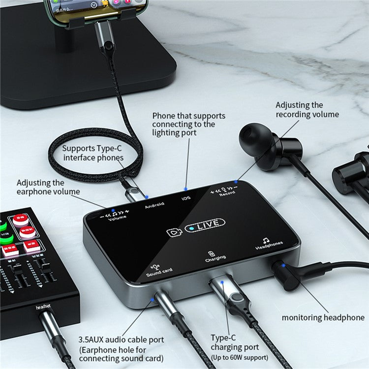 MH319 For 8-Pin iOS / Type-C Android Stereo Live Streaming Converter Sound Card Karaoke Adapter