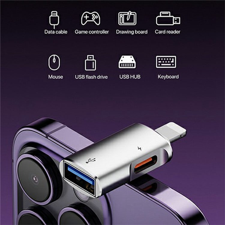 8 Pin to USB-A  /  Type-C Mini Converter Plug and Play Aluminum Alloy OTG Adapter - Silver