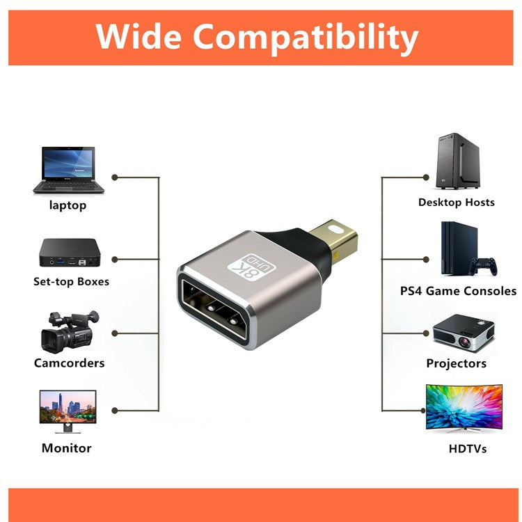 8K / 60Hz Mini DisplayPort Male to DP Female Converter Mini Adapter Compatible with Thunderbolt 2