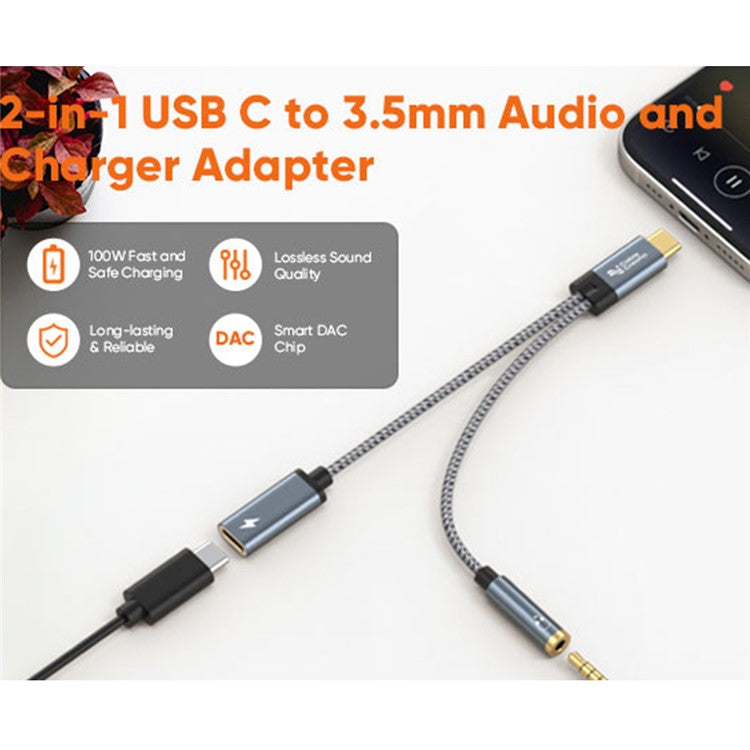 CABLECREATION CD0857 2-in-1 Type-C Gold-Plated Male to Type-C Female + 3.5mm Female Adapter Cable