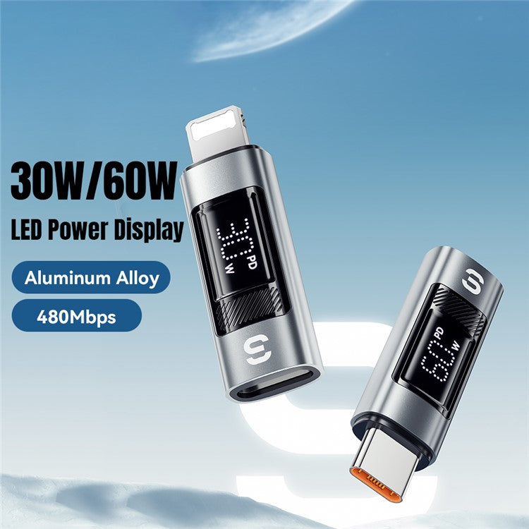ESSAGER Fast Charging Adapter 480Mbps Aluminum Alloy Mini Converter with Digital Display - Type-C Female to iP Male