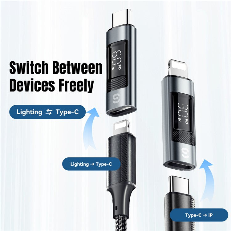 ESSAGER Fast Charging Adapter 480Mbps Aluminum Alloy Mini Converter with Digital Display - iP Female to Type-C Male