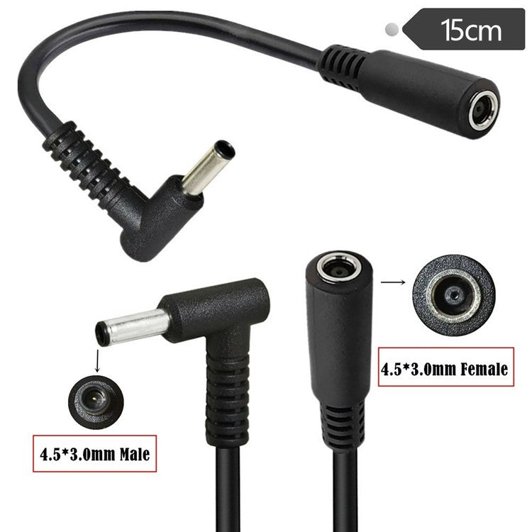 15cm 90 Degree 4.5mmx3.0mm Male to Female Adapter DC Power Connector Cable for HP / Dell Laptops