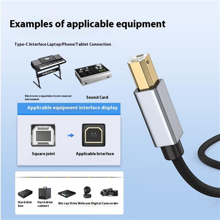 1m 2-in-1 iP + Type-C to Midi Adapter Cable for Printer / Electronic Keyboard / Mixer / Sound Card - Black