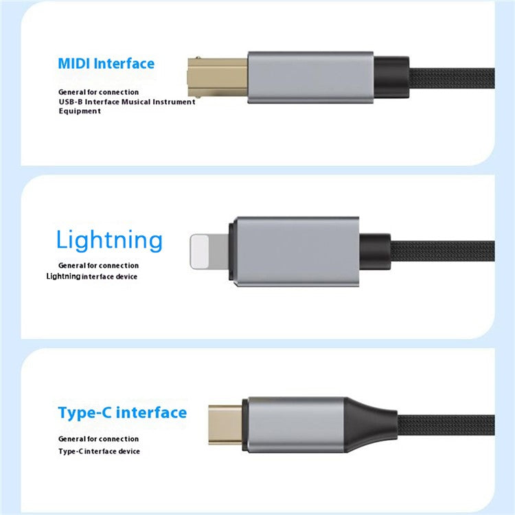 1m 2-in-1 iP + Type-C to Midi Adapter Cable for Printer / Electronic Keyboard / Mixer / Sound Card - Black