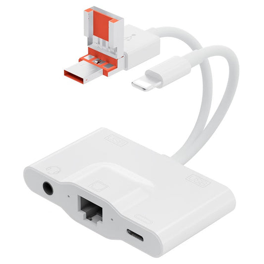 NK1033TL Pro USB + Type-C + iP to Dual USB 2.0 / USB-C / 3.5mm / Ethernet Adapter for Laptop Tablet Smartphone