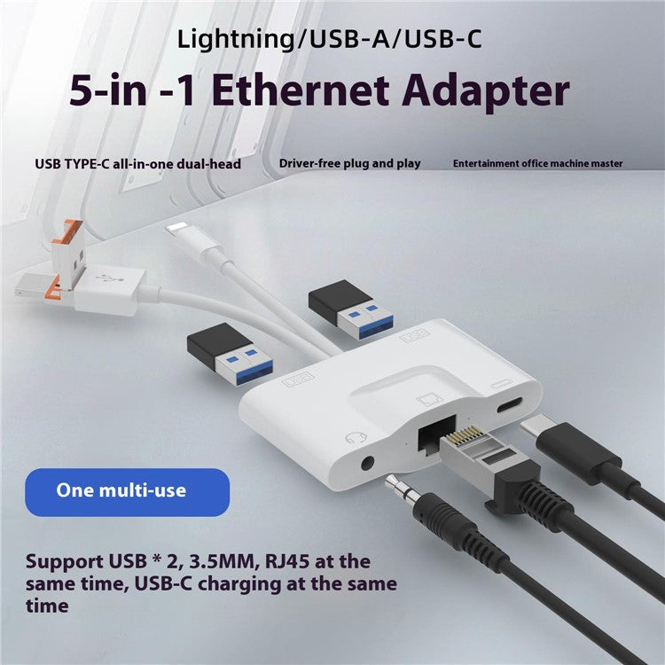 NK1033TL Pro USB + Type-C + iP to Dual USB 2.0 / USB-C / 3.5mm / Ethernet Adapter for Laptop Tablet Smartphone