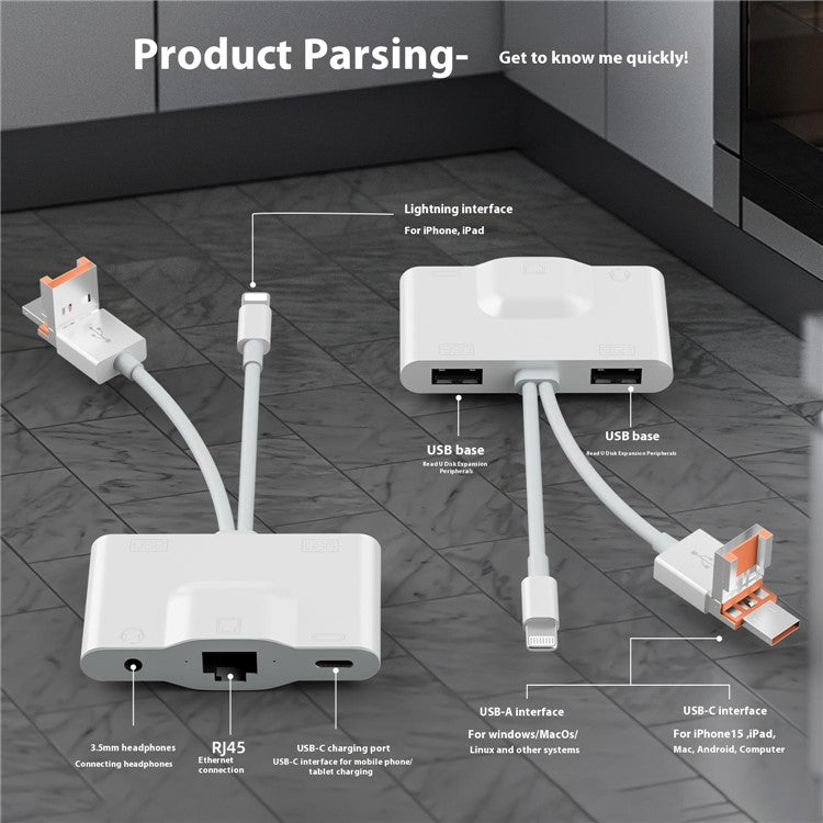 NK1033TL Pro USB + Type-C + iP to Dual USB 2.0 / USB-C / 3.5mm / Ethernet Adapter for Laptop Tablet Smartphone