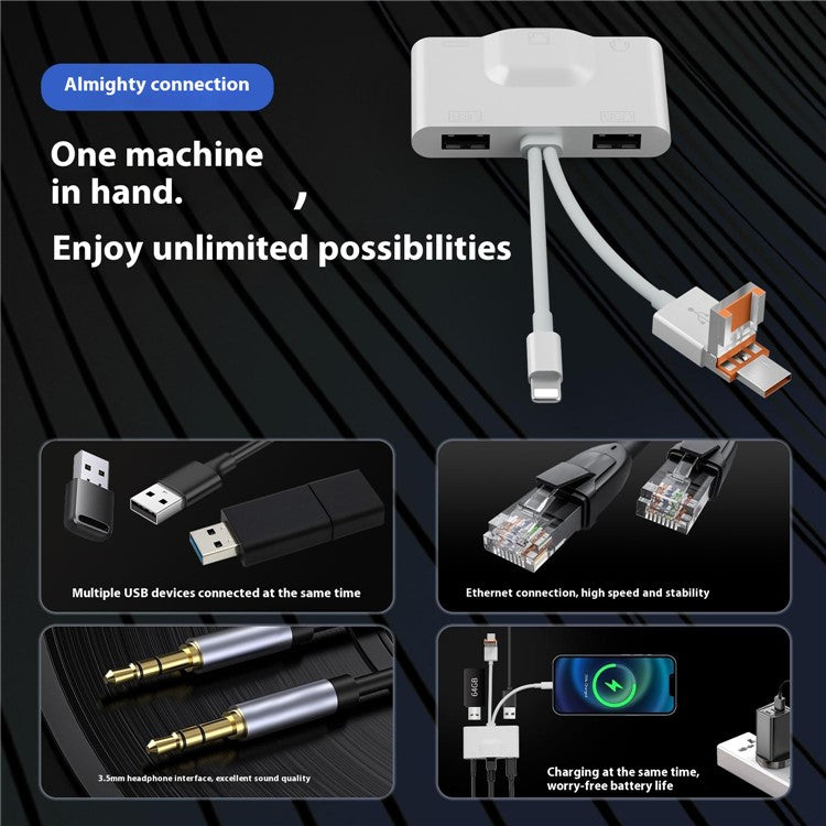NK1033TL Pro USB + Type-C + iP to Dual USB 2.0 / USB-C / 3.5mm / Ethernet Adapter for Laptop Tablet Smartphone