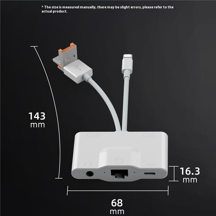 NK1033TL Pro USB + Type-C + iP to Dual USB 2.0 / USB-C / 3.5mm / Ethernet Adapter for Laptop Tablet Smartphone