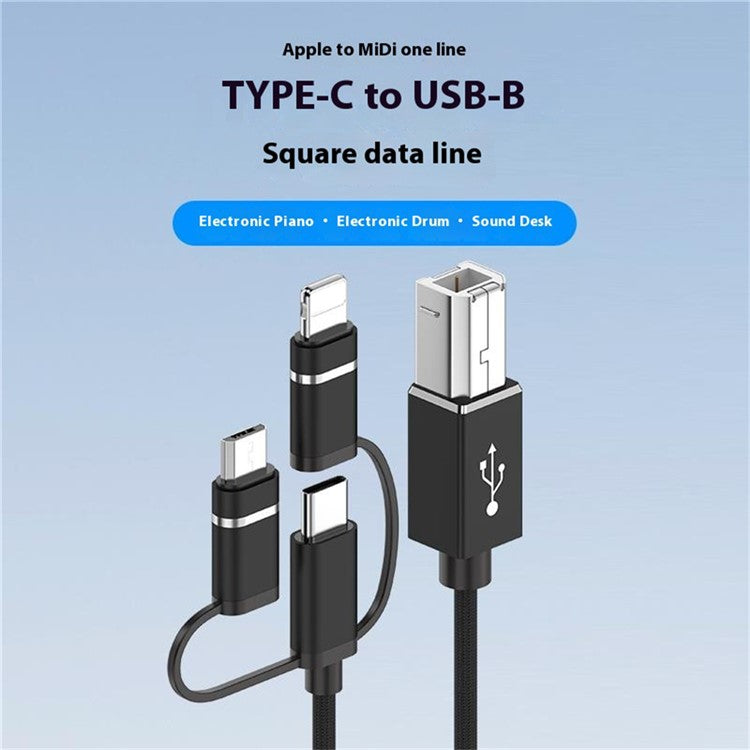 1m Plug and Play 3-in-1 iP + Type-C + Micro USB to MIDI Cable for Printer / Electric Piano / Keyboard / Mixer - Black