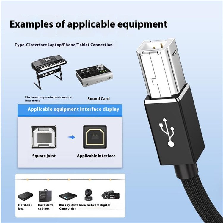 1m Plug and Play 3-in-1 iP + Type-C + Micro USB to MIDI Cable for Printer / Electric Piano / Keyboard / Mixer - Black