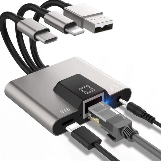 NK-1056S iP  /  USB-A  /  Type-C 3-in-1 Ethernet Adapter with 3.5mm Audio Jack for Windows / Mac OS / Phone / Pad