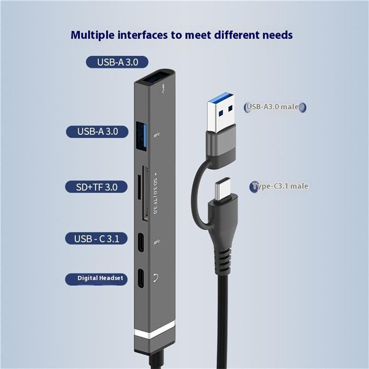 USB + Type-C 6-in-1 Hub Smartphones Tablets Computers Multi-Port Adapter OTG Card Reader - Grey