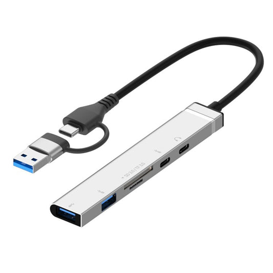 USB + Type-C 6-in-1 Hub Smartphones Tablets Computers Multi-Port Adapter OTG Card Reader - Silver