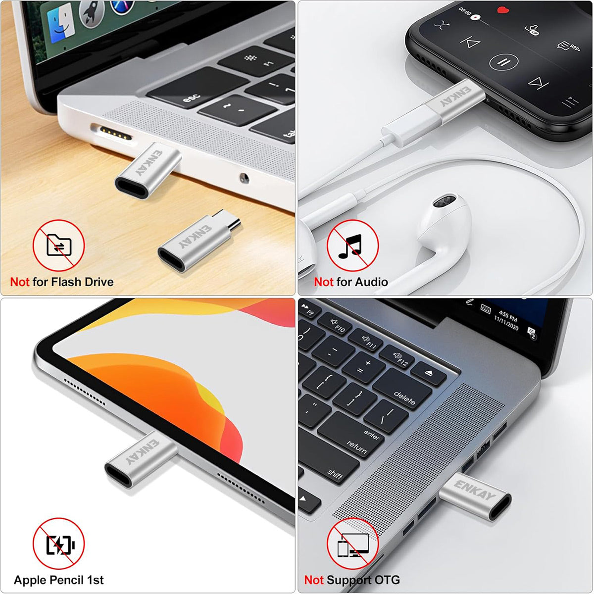 For Universal ENKAY Aluminium Alloy 8Pin to Type-C Adapter iP to USB-C Converter for iPhone 15 / 16 Series - Black